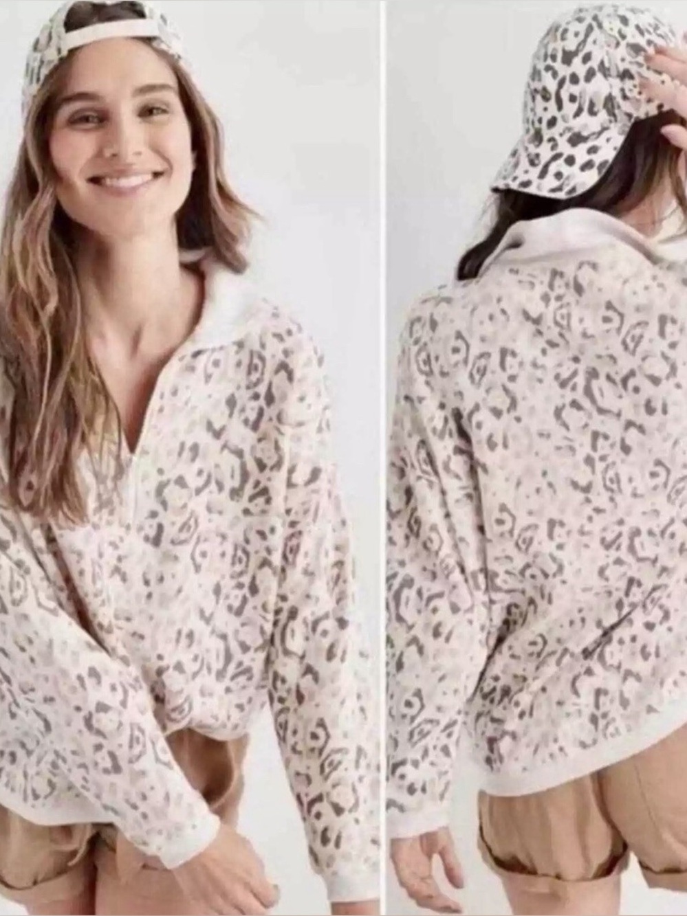 Aerie Leopard Print Oversized Quarterzip Sweatshirt - Sz XS